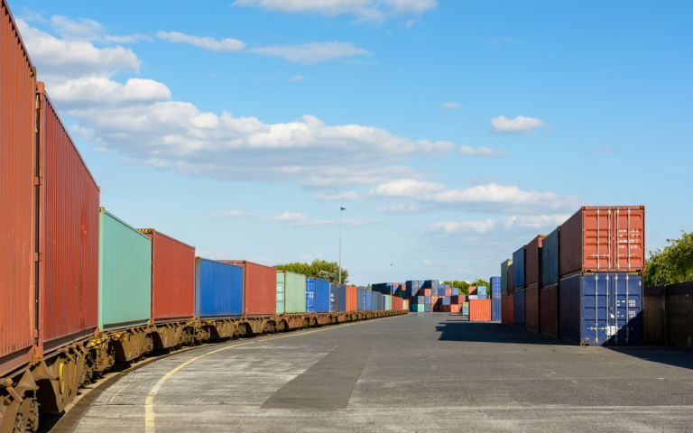 Cargo train in a cross-border rail yard