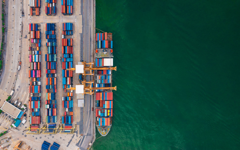 Overhead view of an import and export ocean port