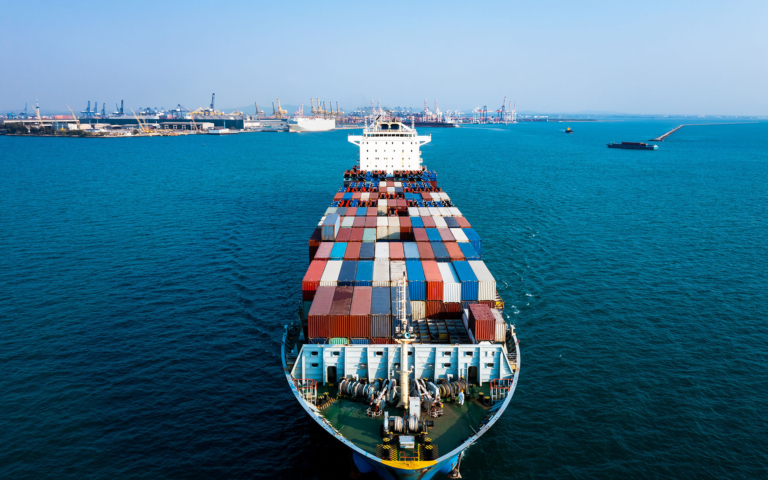 Container ship on international ocean route