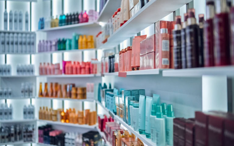 Shelf stocked with cosmetic products