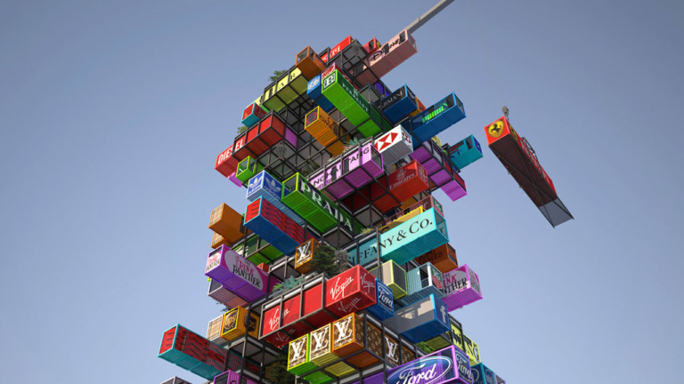 Stacked shipping container tower at a terminal