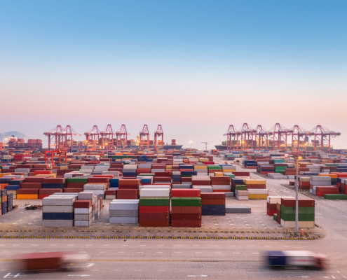 Container portal terminal with cranes and containers stacked