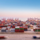 Container portal terminal with cranes and containers stacked