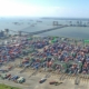 Aerial view of a busy container shipping port illustrating nearshoring and friendshoring supply chain strategy
