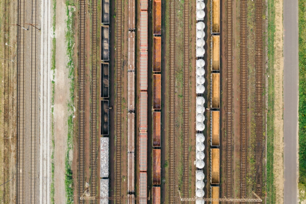 Aerial view of freight rail cars