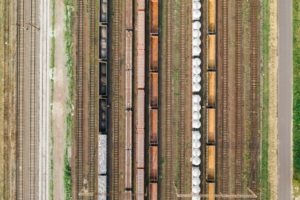 Aerial view of freight rail cars